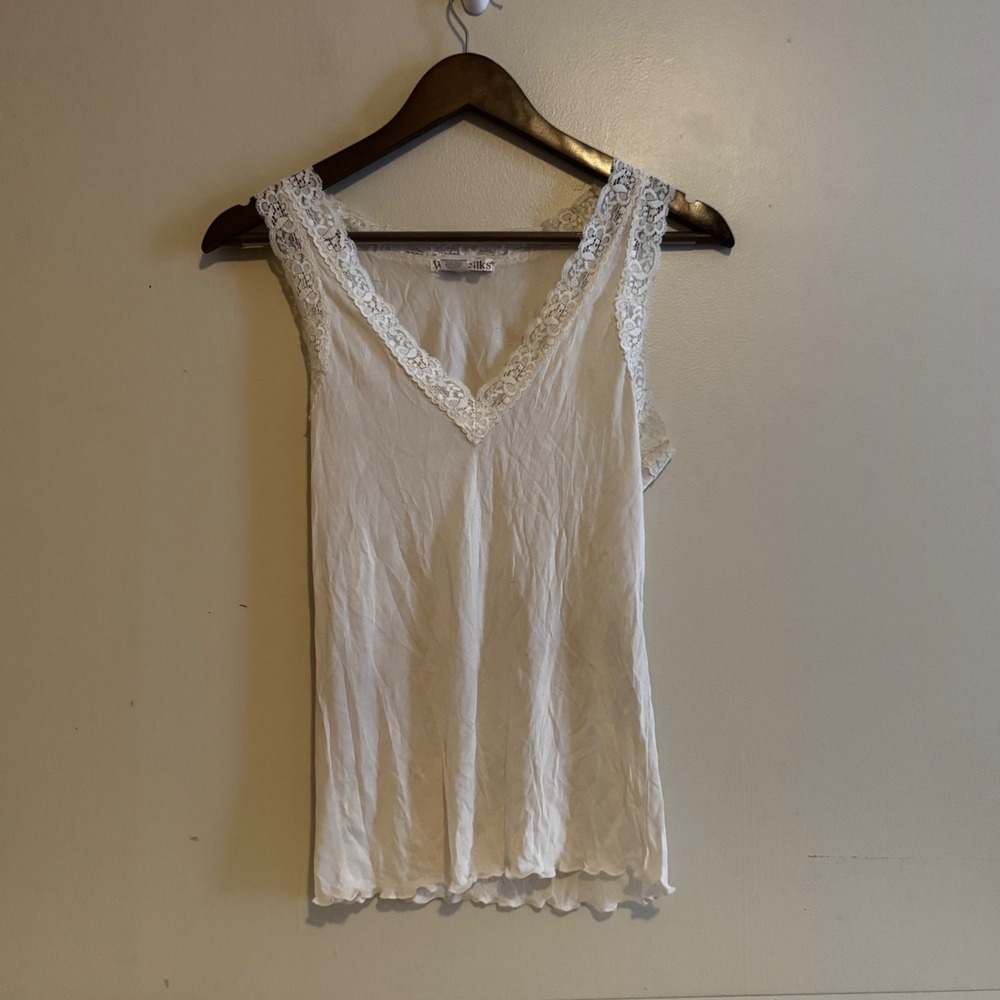 VTG WinterSilks Women's M Ivory 100% Pure Silk Lace Trim Tank Top Coquette Girl